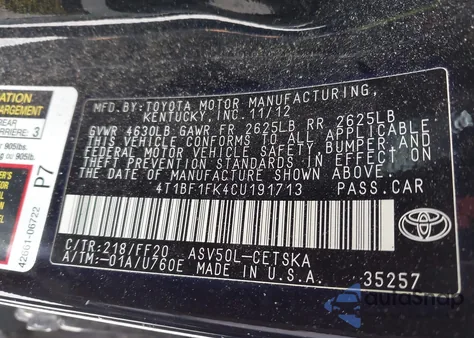 2012 Toyota Camry Se из США, поврежденный, VIN 4T1BF1FK4CU191713